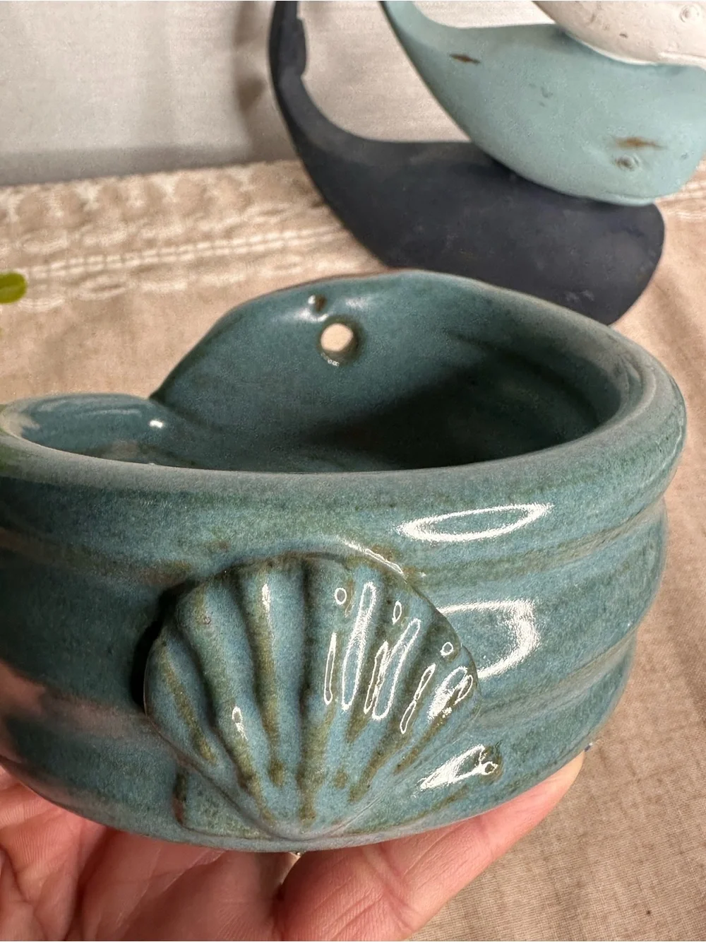 Vintage Teal Ceramic Wall Mount Towel Holder with Shell Motif